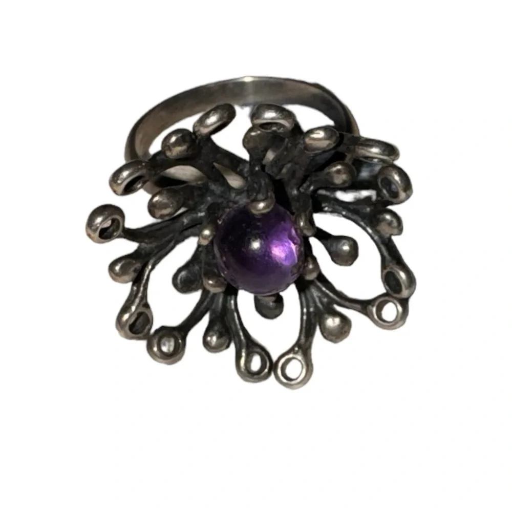 Brutalist Israel Sterling Silver Amethyst Ring Size 7